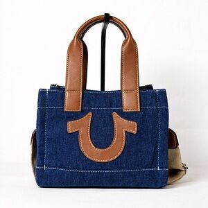 True Religion Denim Tote Bag Horseshoe Logo Brown Leather Handles